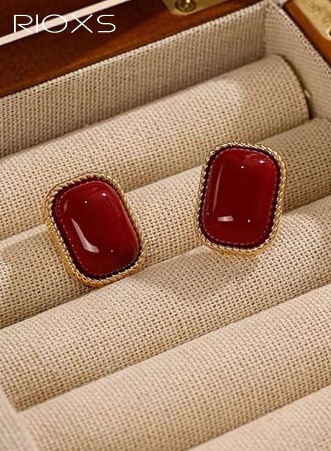 RIOXS Women's Vintage Rectangular Earrings, Hypoallergenic 925 Sterling Silver Studs Gold-rimmed Eye-Catching Jewelry Elegant, Perfect for Fall Fashion Accessories, Gifts, Parties, Anniversaries, Dating, Red - Image 4